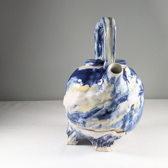 Sassy handmade teapot on stand, hand built ceramic tea pot summer clouds - Picture 3 of 15